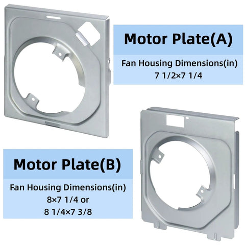BKR60 Bath Fan Upgrade Kit With Replacement Motor And Grille For Series 696NR02 showing motor plates A and B with dimensions.