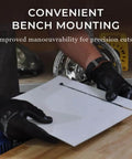 Person using Pro Grade Sheet Metal Nibbler Bundle With Drill Attachment For Straight Lines Curves And Circles Safe And Easy To Use Burr Free Edges Heavy Duty Performance Australian Made on workbench.