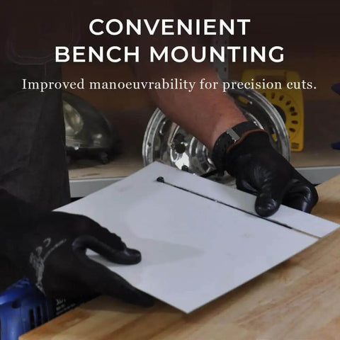 Person using Pro Grade Sheet Metal Nibbler Bundle With Drill Attachment For Straight Lines Curves And Circles Safe And Easy To Use Burr Free Edges Heavy Duty Performance Australian Made on workbench.