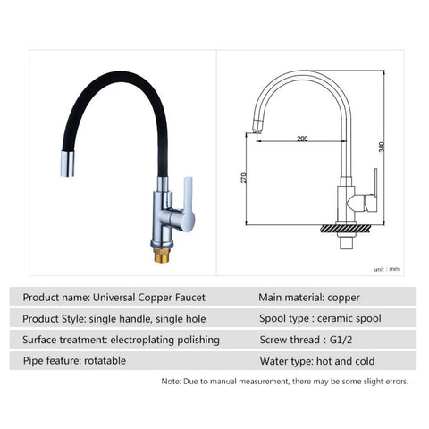 ZBSAVFM Rotating Black Kitchen Faucet with Silica Gel Nozzle Hot & Cold Water Mixer Single Handle Flexible Design - Stylish Red Finish image displaying dimensions and details.