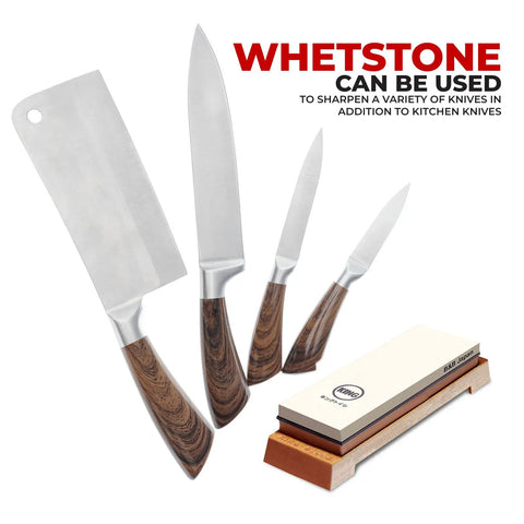 Whetstone Starter Set With 1000 6000 Grit For Ultra Sharp Knives Made In Japan alongside four knives of varying sizes