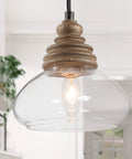 Farmhouse Pendant Light With Mango Wood And Clear Glass Teardrop Shade, open glass design for kitchen, 7.5 inch square