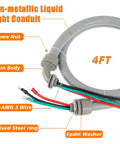 Image showing a 1/2 Inch Power Whip Assembly Kit With 3 Conductor 10 Gauge Preassembled AC Whip, Nonmetallic Liquid Tight Flexible Conduit, 4 Foot Length, Includes Straight And 90 Degree Fittings, Easy Install with labeled components.