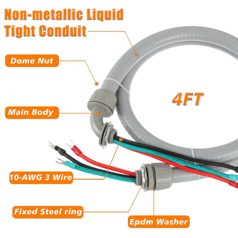 Image showing a 1/2 Inch Power Whip Assembly Kit With 3 Conductor 10 Gauge Preassembled AC Whip, Nonmetallic Liquid Tight Flexible Conduit, 4 Foot Length, Includes Straight And 90 Degree Fittings, Easy Install with labeled components.