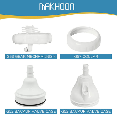 G52 Backup Valve Replacement For Polaris Pool Cleaners components including G53 Gear, G57 Collar, and valve cases on blue background