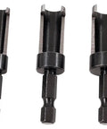 Heavy Duty Steel Tapered Wood Plug Cutter Set With Quick Change Hex Shafts, three steel bits for precise carpentry work.