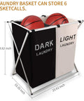 Two Section Laundry Basket Hamper Foldable Waterproof Cloth Organizer With Aluminum X Frame And Carrying Handles For Bathroom And Home, Durable Lightweight Laundry Bin For Sorting And Storing Your Go To Laundry Day Helper displaying capacity and size measurements with basketballs included.