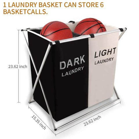 Two Section Laundry Basket Hamper Foldable Waterproof Cloth Organizer With Aluminum X Frame And Carrying Handles For Bathroom And Home, Durable Lightweight Laundry Bin For Sorting And Storing Your Go To Laundry Day Helper displaying capacity and size measurements with basketballs included.