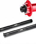 Front Thru Axle Set 15x100mm And 15x110mm Boost For RockShox Forks Aluminum Alloy with red hub in background