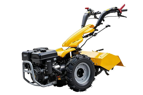 Workhorse Power Rear Tine Tiller Cultivator With 420cc 13.5 HP Gas Engine 8 Inch Tilling Depth Full Gear Drive Transmission Heavy Duty Rototiller For Large Plots And Tough Soil Prep, side view of the tiller showing engine and handles.