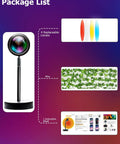 Package list with Sunset Projection Lamp With 64 Color Options, App Controlled Ambient Light, ivy leaves, lenses, and instructions.