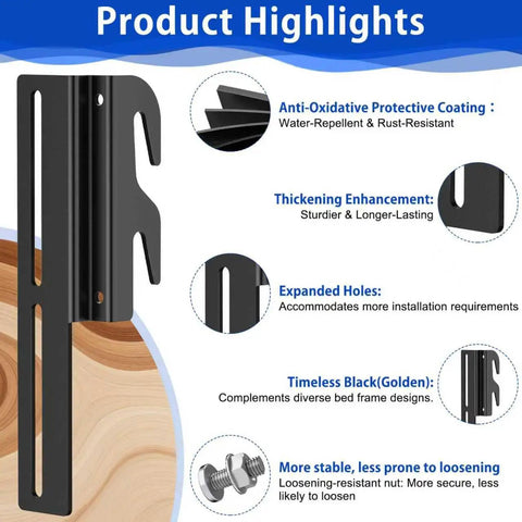 Four Piece Black Headboard Adapter Brackets Straight Shoot Install Bed Rail Hooks Adjustable Steel Connectors Built Different For Rock Solid Connections Heavy Duty Furniture Hardware No Extra Fluff detailed features highlighting thickness and stability.