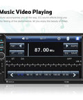 Front view of Double Din Car Stereo 7 Inch Touchscreen Head Unit With Bluetooth USB SD FM Radio Mirror Link DVR MIC MP5 Player In Dash Car Receiver Includes Rear View Camera And Remote Control For Easy Install displaying FM radio screen with EQ settings.