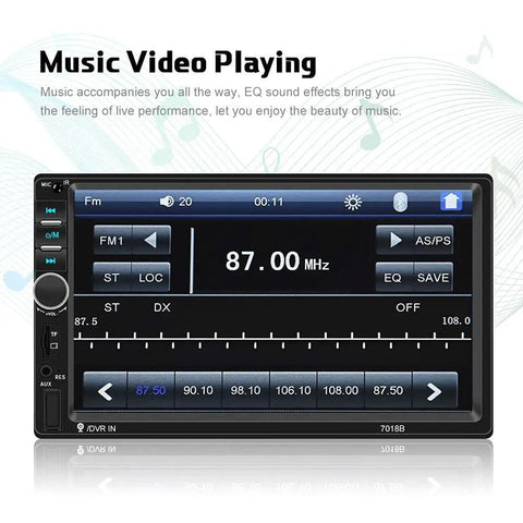 Front view of Double Din Car Stereo 7 Inch Touchscreen Head Unit With Bluetooth USB SD FM Radio Mirror Link DVR MIC MP5 Player In Dash Car Receiver Includes Rear View Camera And Remote Control For Easy Install displaying FM radio screen with EQ settings.