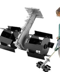Weed Removal Hand Tool With Tiller Cultivator Wheel Rotary Grass Cutter Attachment shown in use for lawn care and weeding.