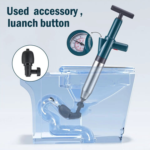 Heavy Duty High Pressure Air Plunger Kit with launch button and accessory nozzle for blocked drains.