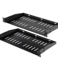 Rock Solid 1U Server Rack Shelves 2 Pack Heavy Duty 19 Inch Vented Cantilever Trays, black steel design for network setups.