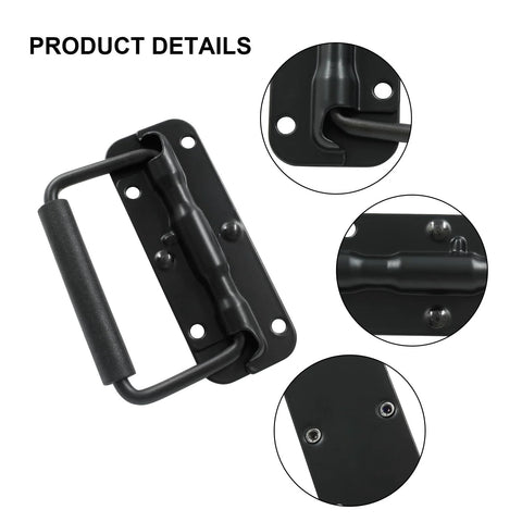 Spring Loaded Chest Handle Set Two Piece Black Stainless Steel Surface Mount Folding Handles with rubber grip details
