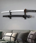 Katana Wall Mount Stand With 2 Tier Plexiglass Display Black Sword Holder above a grey sofa with cushions