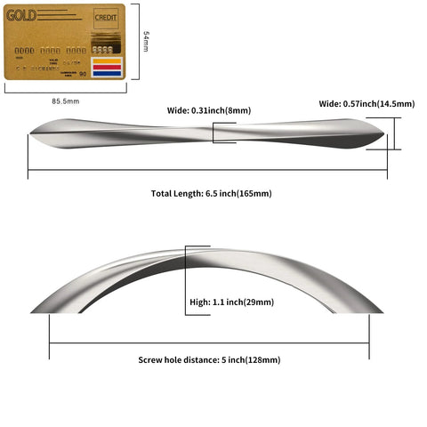 10 Pack Brushed Satin Nickel Arch Twisted Cabinet Pulls 5 Inch Hole Centers; varying widths and lengths shown with gold card for scale