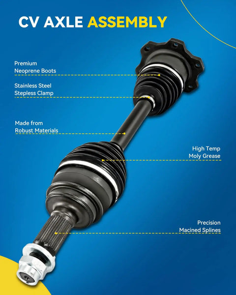 Premium Front CV Axle Shaft Assembly For Nissan Altima 2013 To 2018 2.5L Sedan displayed with neoprene boots and stainless steel clamp.