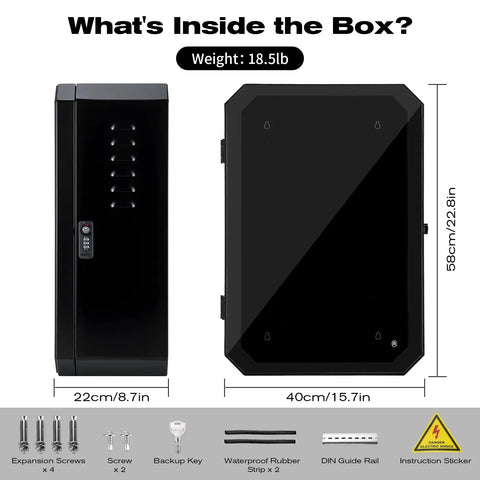 Heavy Duty Ev Charger Lock Box And Outdoor Wall Enclosure With Ip65 All Season Weatherproof Steel Case, dimensions, features, and tools included.