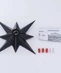 Black Star Flush Mount Ceiling Light With Dope Mid Century Vibe, fixture and assembly parts on white background.