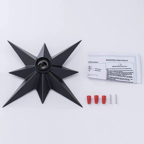 Black Star Flush Mount Ceiling Light With Dope Mid Century Vibe, fixture and assembly parts on white background.