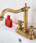 Old School Antique Brass Centerset Bathroom Faucet With Two Handles, Pop Up Drain And Hoses, 360 Degree Swivel Cross Knobs, Basin Mixer Tap