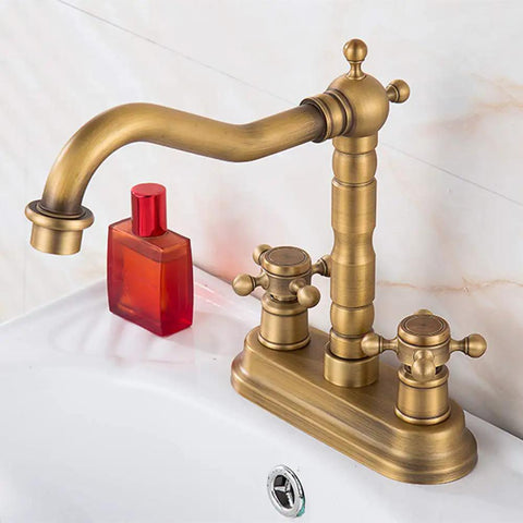 Old School Antique Brass Centerset Bathroom Faucet With Two Handles, Pop Up Drain And Hoses, 360 Degree Swivel Cross Knobs, Basin Mixer Tap