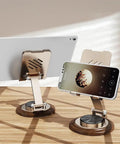 Straight Up Sturdy Foldable Phone Stand With Smooth 360 Spin And Easy Height Tweaks Boasts A Swanky Wooden Base For Chill Viewing Vibes Fits Every Smartphone And Tablet In Sleek Gold, showcasing tablet and phone in use.