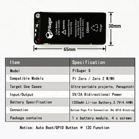 Built Tough Reliable 1200mAh Mini Uninterruptible Power Supply Battery Pack Designed For Raspberry Pi Zero W Wh And 2W Model Board With Auto Boot Backup Switch specifications image showing size and connection details.