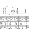 Technical drawing of Beefy M28 Dowel Pin With Hole, Flat Head Bearing Roll Pin, 304 Carbon Steel, sizes 60mm to 160mm
