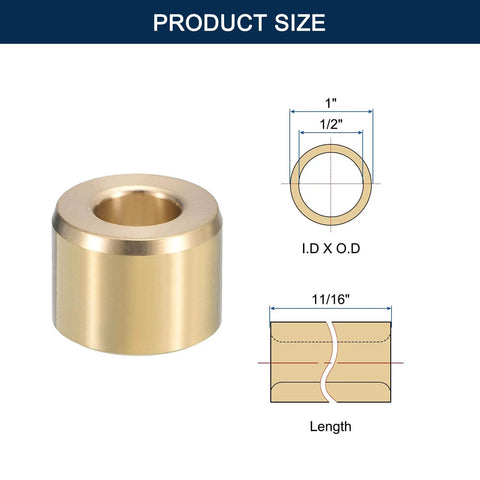 Diagram showing dimensions of Brass Sleeve Bearing Self Lubricating Bushing For Plain Shafts Half Inch Bore One Inch Outer Diameter Eleven Sixteenths Inch Length Two Pack Beefy Heavy Duty Shaft Bearing.