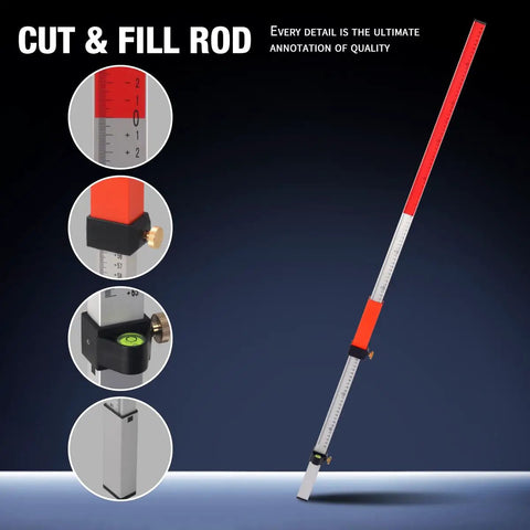 Heavy Duty Aluminum Laser Grade Rod Built To Snap Onto Rotary Laser Levels Quick Featuring A Smooth Twist Lock Grip in use for site layout.