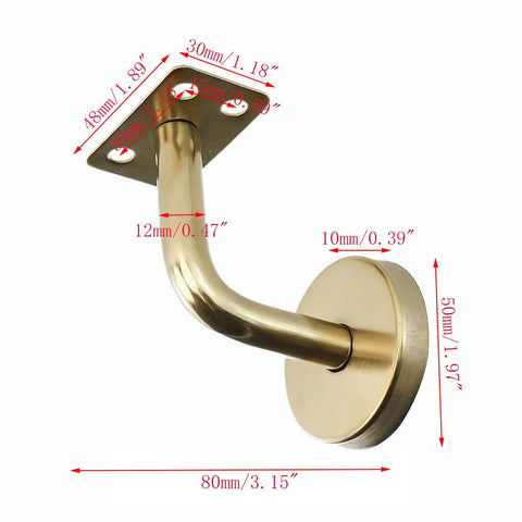 Stainless Steel Handrail Brackets Wall Mounted Square Staircase Railing Holders Gold Finish with measurements shown