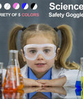Young girl in lab wearing safety goggles with multiple color options shown, promoting Kids Anti Fog Safety Goggles For Science And Nerf Time.