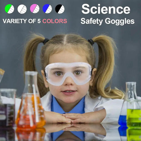 Young girl in lab wearing safety goggles with multiple color options shown, promoting Kids Anti Fog Safety Goggles For Science And Nerf Time.
