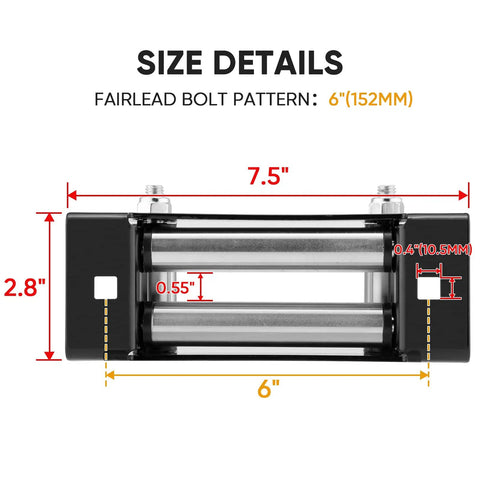 6 Inch Winch Roller Fairlead Cable Guide Fits 4000 To 5500 Lbs UTV Winches dimensions with steel frame and bolt details
