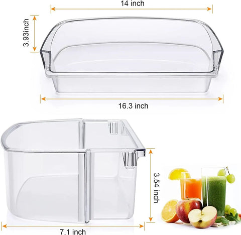 Refrigerator Door Bin Replacement Part WPW10710203 shown in transparent plastic, 16.3 x 7.1 x 3.54 inches, for upper door shelf.