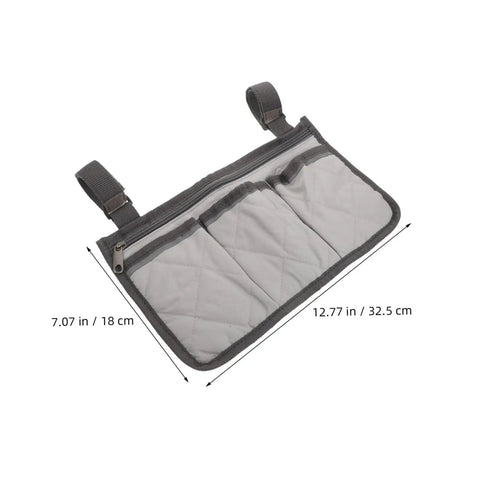 Bed Rail Organizer With 4 Pockets And Cup Holder, Universal Bedside Caddy in gray with dark trim showing dimensions.