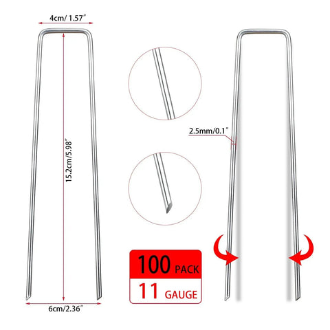Heavy Duty 100 Pack 6 Inch 11 Gauge Galvanized Garden Staples U Shaped Landscape Pins For Securing Lawn Fabrics Weed Barriers Ground Covers And Outdoor Landscaping Projects with dimensions and details shown.