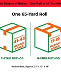 Illustration showing packing tape coverage using 2-strip and H-strip methods with heavy duty packing tape for moving and packaging.