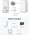 Diagram showing components of Home Hub For Up To 8 Battery And WiFi Security Cameras with Ethernet cable, SD card, and power adapter.