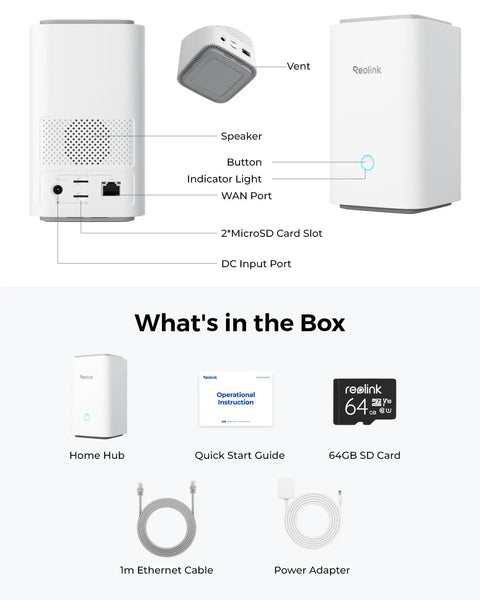 Diagram showing components of Home Hub For Up To 8 Battery And WiFi Security Cameras with Ethernet cable, SD card, and power adapter.