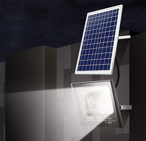 Spot Lighting Led Solar Flood Lights Outdoor, 272 LEDs 120W 8000 Lumen, mounted with solar panel, illuminating dark area.