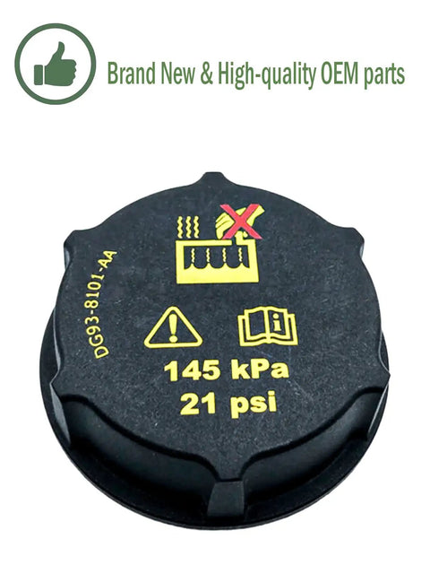 Ford Coolant Reservoir Cap Replacement For Focus Mustang Fusion Escape F Series Trucks Bronco Edge Ranger Expedition Explorer Transit And Lincoln Aviator MKZ MKC MKX With Tight Seal And 21 Psi Maximum Pressure, close-up view with 145 kPa and caution symbols visible