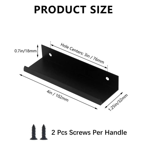 Dimensions of 30 Pack Black Cabinet Handles Modern Drawer Pulls Finger Edge Pulls for Kitchen and Bath with screws shown