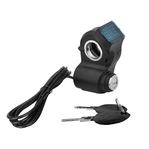 E Bike Voltage Display With LCD Readout Thumb Throttle Real Time Digital Battery Voltage Power Switch With Key Lock For E Scooter And Electric Bicycle No Battery Drama Works With Lead Acid Or Lithium, shown with keys
