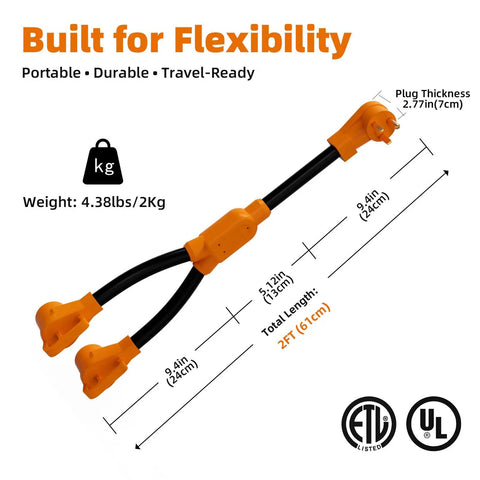 Badass 50 Amp Nema 6-50P To Dual 6-50R Welder Splitter Adapter Cord Y Plug Connector, 2FT long, designed for plasma cutters and EV chargers.